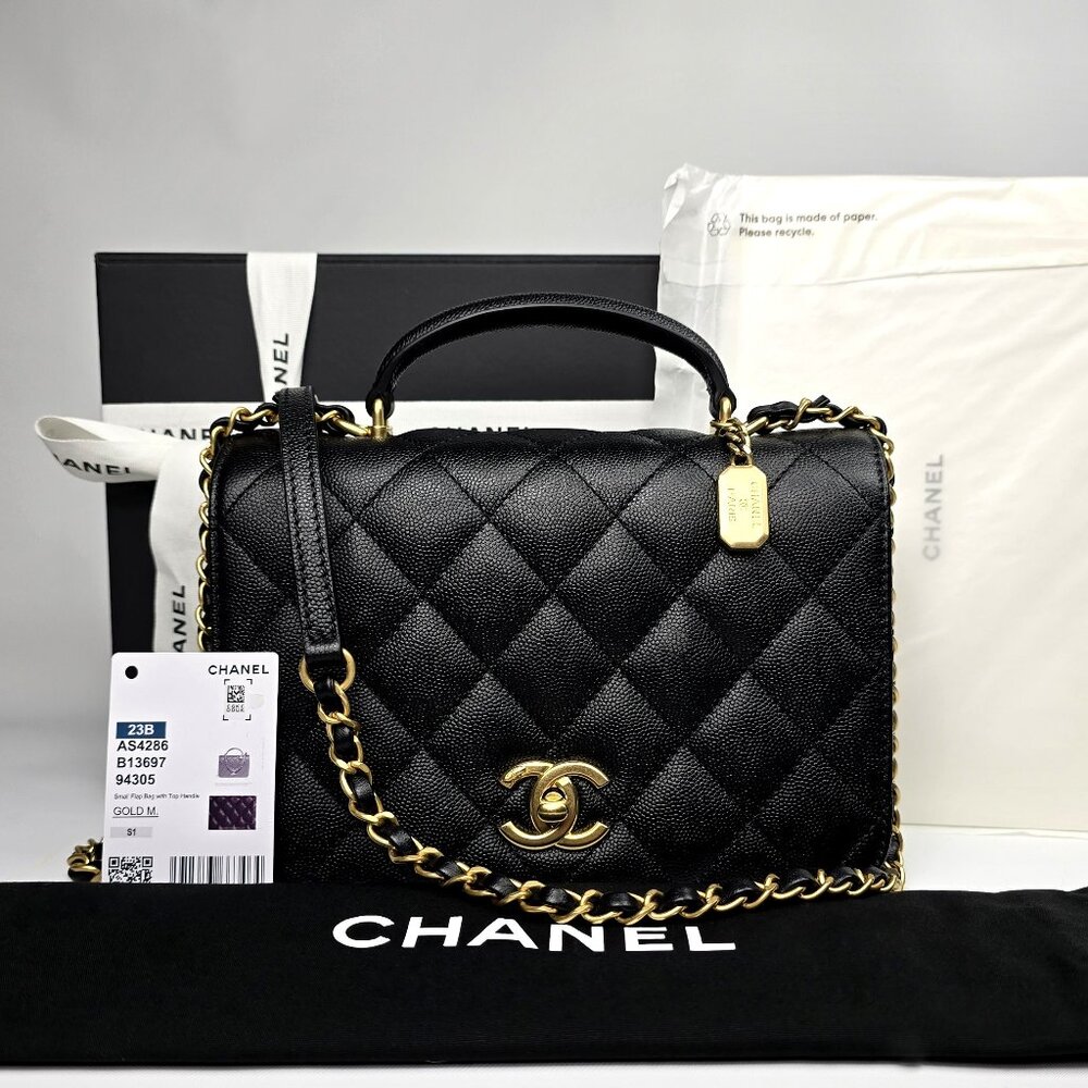 CHANEL 23B Mini Top Handle Flap Quilted Black Caviar Leather Shoulder Bag GHW
